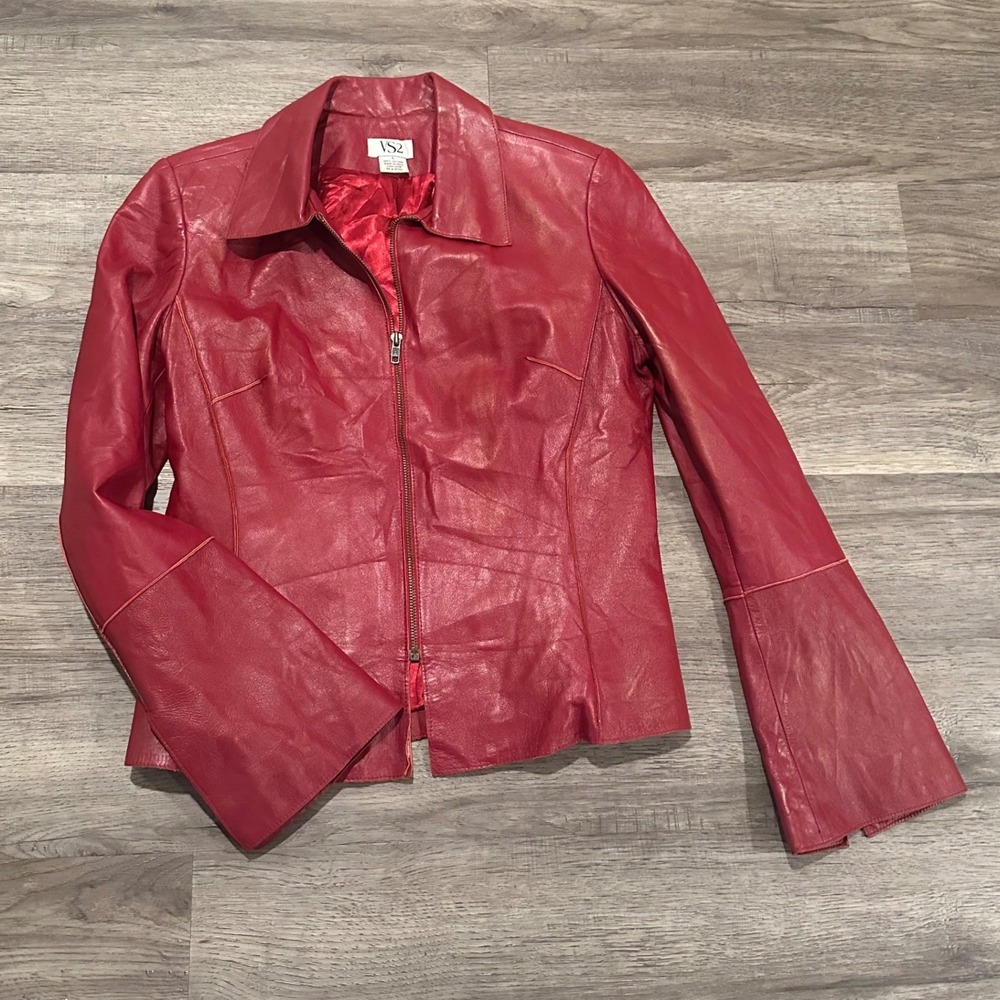 Vintage VS2 Red Leather Jacket Womens Size Large Full Zip Y2K Bell Sleeve Lined